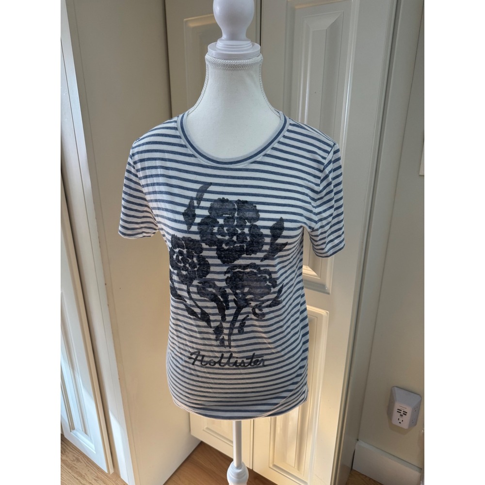 Hollister California Blue Striped Floral Graphic Y2K Top Short Sleeve